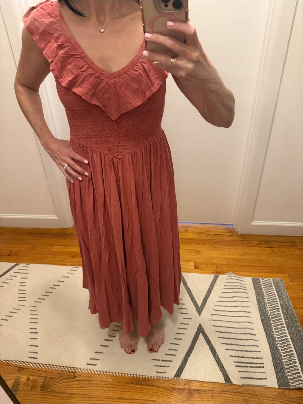 American Eagle Ruffle-Trim Smocked cotton Midi Dress, mauve, size S, NWT